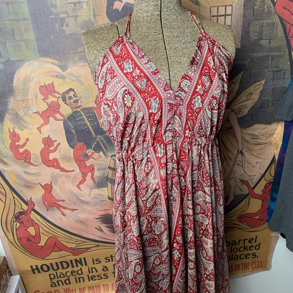 Bohemian Silk Red Paisley Halter Dress - Picture 2 of 5